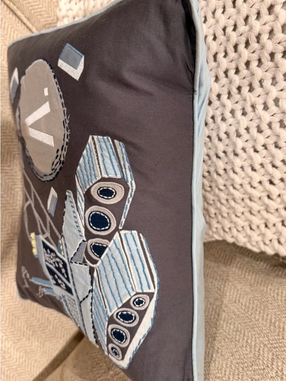 Pottery Barn Kids Construction Pillow 🔹Monogram A🔹Gray Blue Excavator